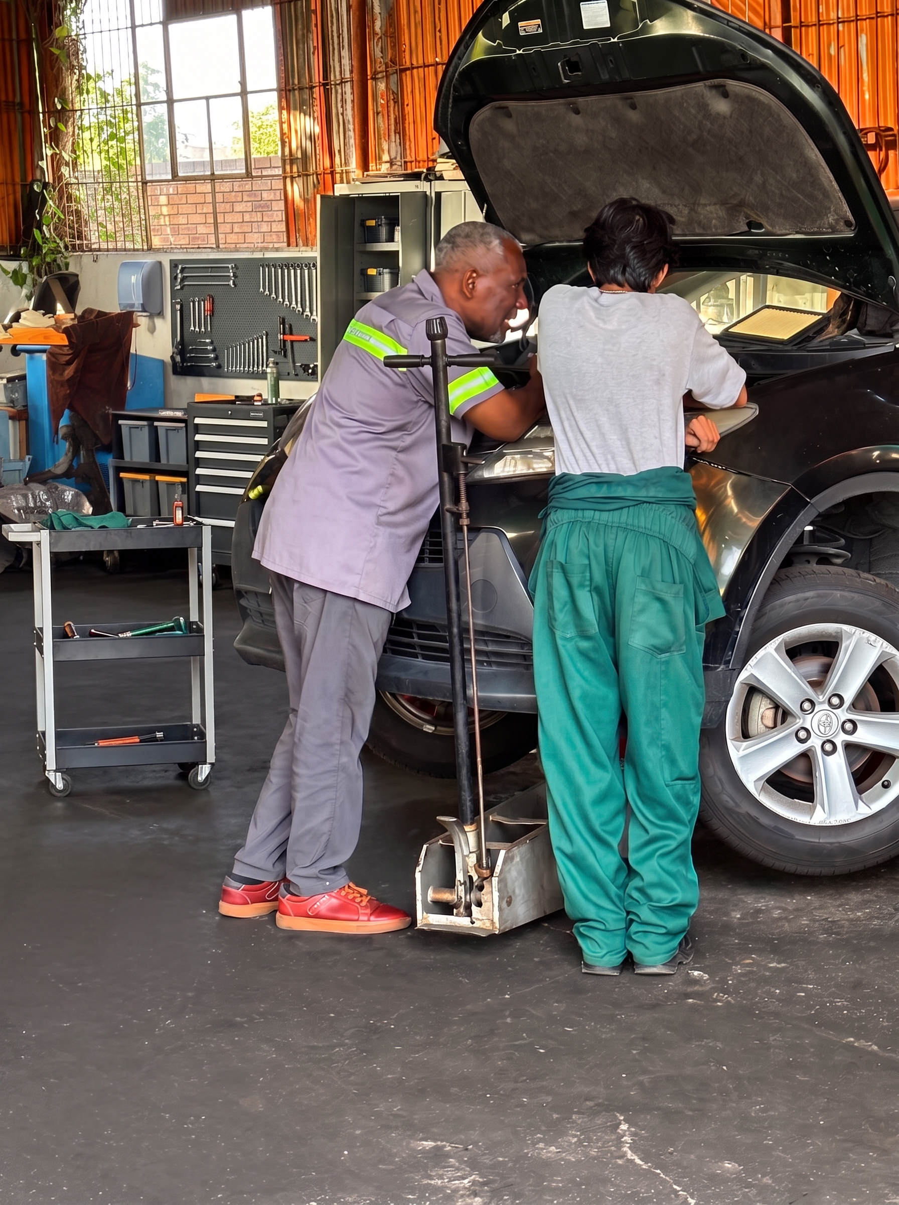 OJMG technicians working together on a vehicle raised in the garage